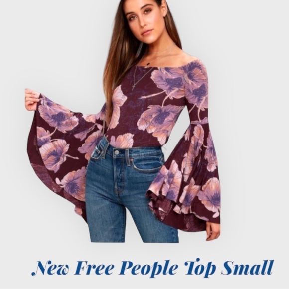 FREE PEOPLE Off the Shoulder Boho Burgundy/Pink Floral Top Flounce Sleeve Small… - Picture 1 of 10